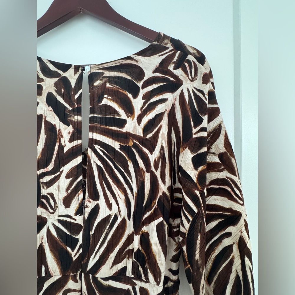Mango Brown and Cream Leaf-Print Midi Dress - Picture 10 of 13
